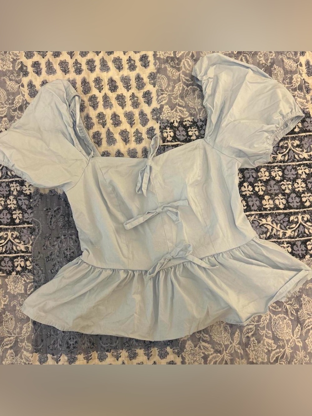 Francesca's Collections Light Blue Tie-Front Peplum Top